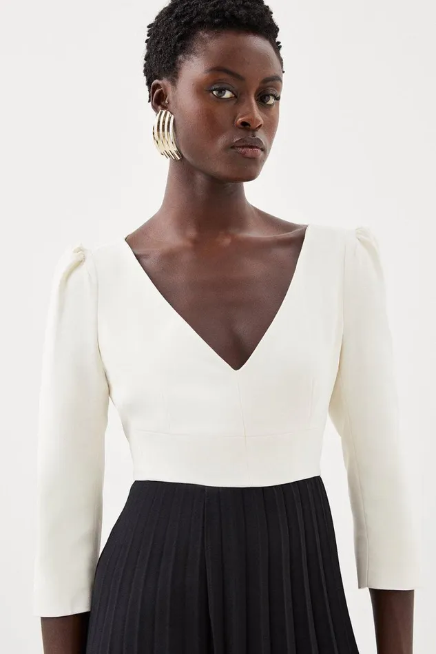 Military Pleat Panelled V Neck Tailored Midi Dress Mono Women Karen Millen Dresses