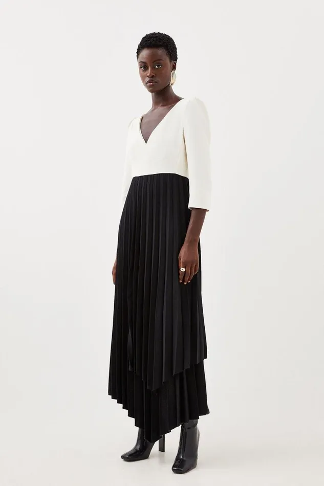 Military Pleat Panelled V Neck Tailored Midi Dress Mono Women Karen Millen Dresses
