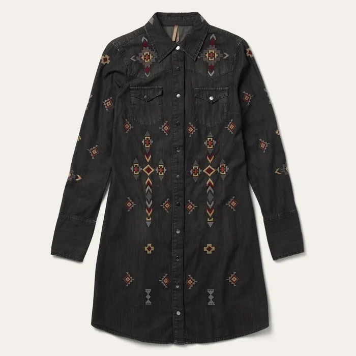 Mini Women Stetson Embroidered Black Denim Shirt Dress Black