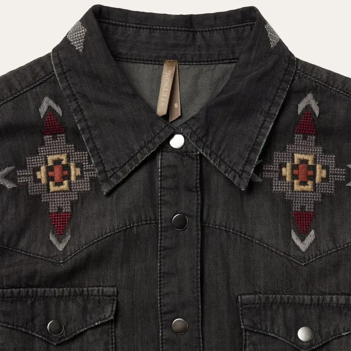 Mini Women Stetson Embroidered Black Denim Shirt Dress Black