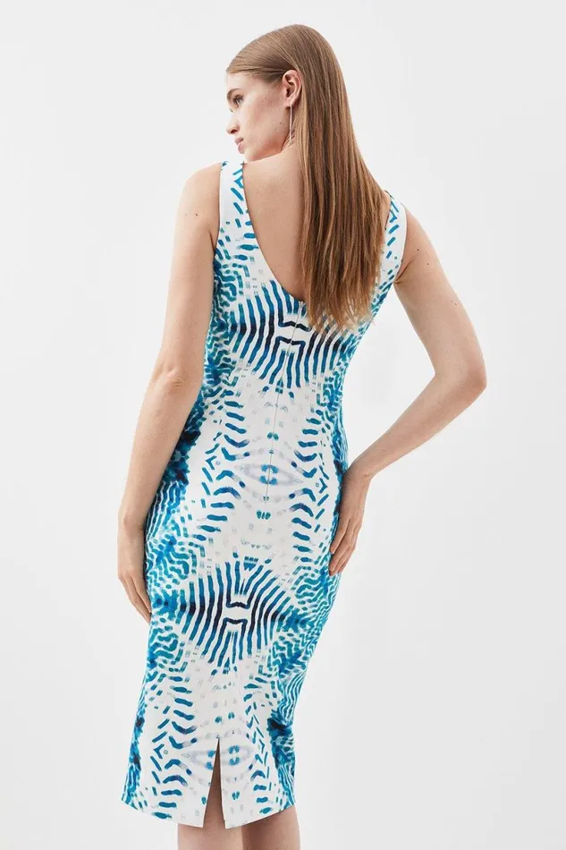 Mirrored Print Cotton Sateen Pencil Dress Blue Women Karen Millen Dresses