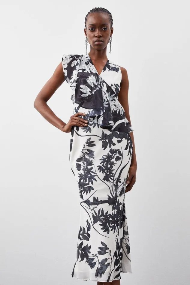 Mono Floral Georgette Ruffle Front Midi Dress Mono Women Karen Millen Dresses