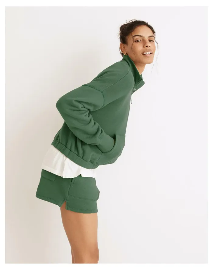 MWL Airyterry Quarter Zip Supercrop Sweatshirt Hthr Versailles Green Women Madewell MWL Athleisure