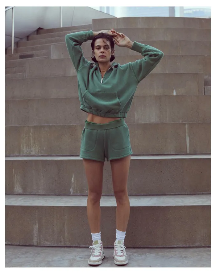 MWL Airyterry Quarter Zip Supercrop Sweatshirt Hthr Versailles Green Women Madewell MWL Athleisure