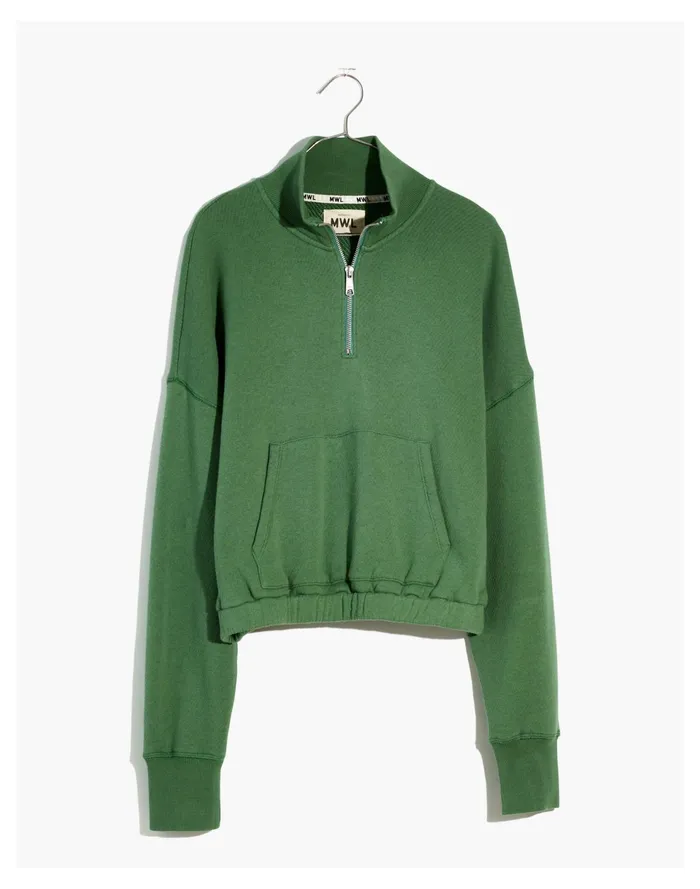 MWL Airyterry Quarter Zip Supercrop Sweatshirt Hthr Versailles Green Women Madewell MWL Athleisure