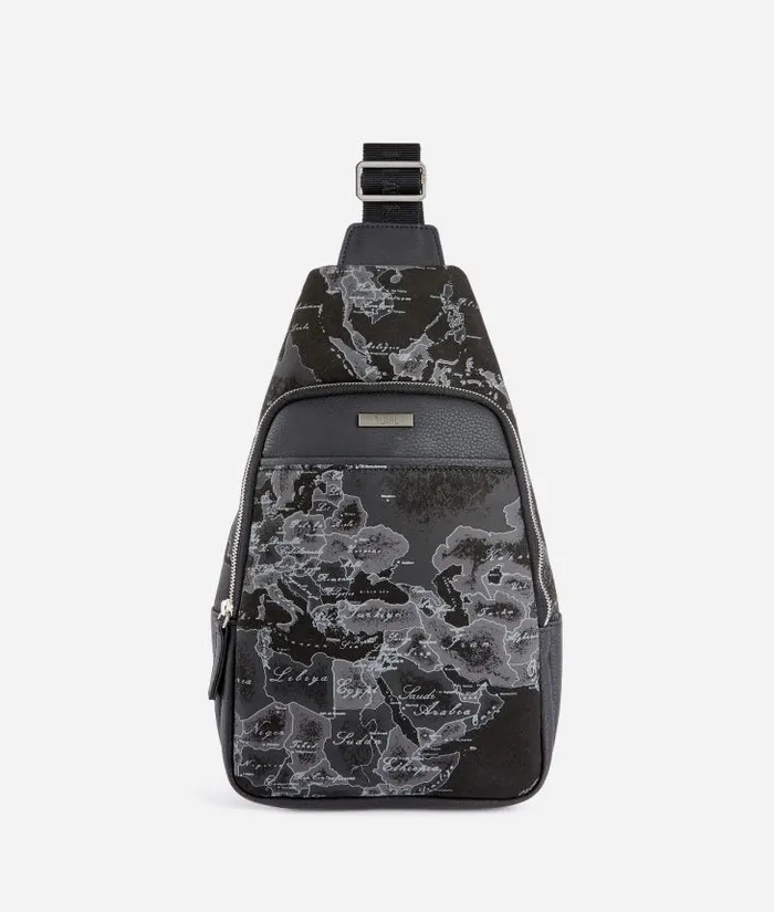 NubuckEffect Fabric Sling Backpack With Geo Night Print Black Man Alviero Martini Backpacks and Belt Bags