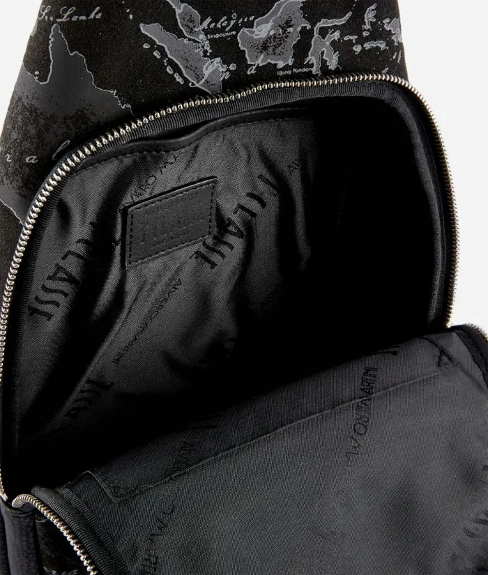 NubuckEffect Fabric Sling Backpack With Geo Night Print Black Man Alviero Martini Backpacks and Belt Bags