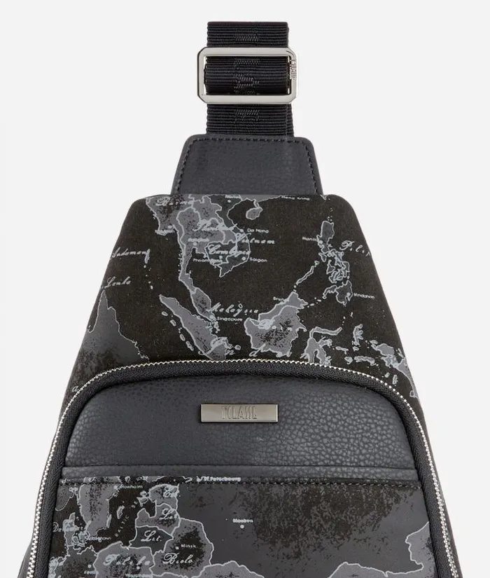 NubuckEffect Fabric Sling Backpack With Geo Night Print Black Man Alviero Martini Backpacks and Belt Bags