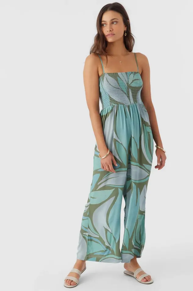 O039NEILL CADE LORETA PRINT SMOCKED JUMPSUIT Oil Green Women Clothing