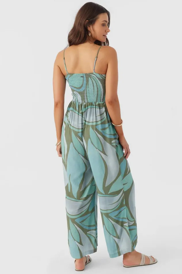 O039NEILL CADE LORETA PRINT SMOCKED JUMPSUIT Oil Green Women Clothing