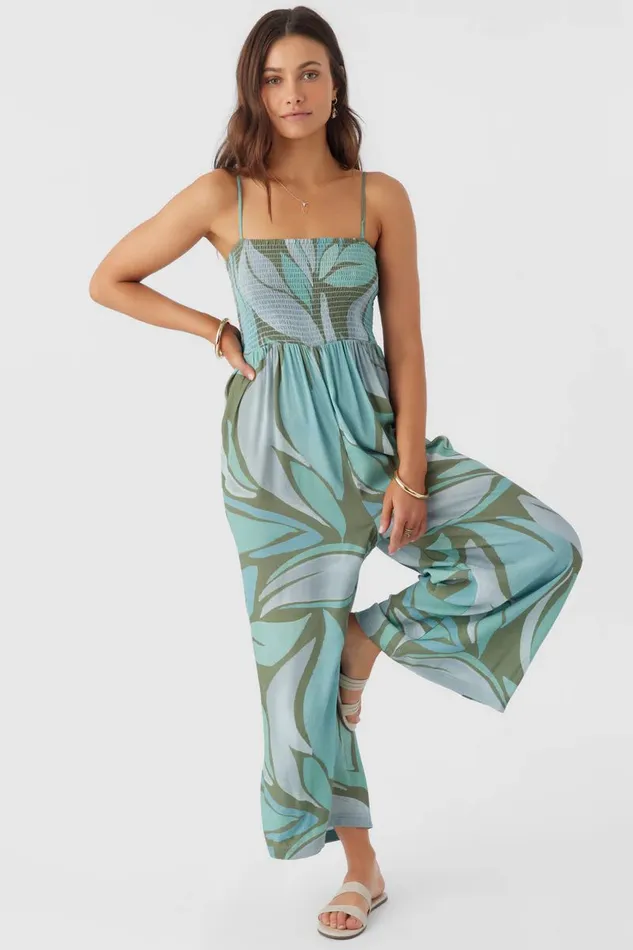 O039NEILL CADE LORETA PRINT SMOCKED JUMPSUIT Oil Green Women Clothing