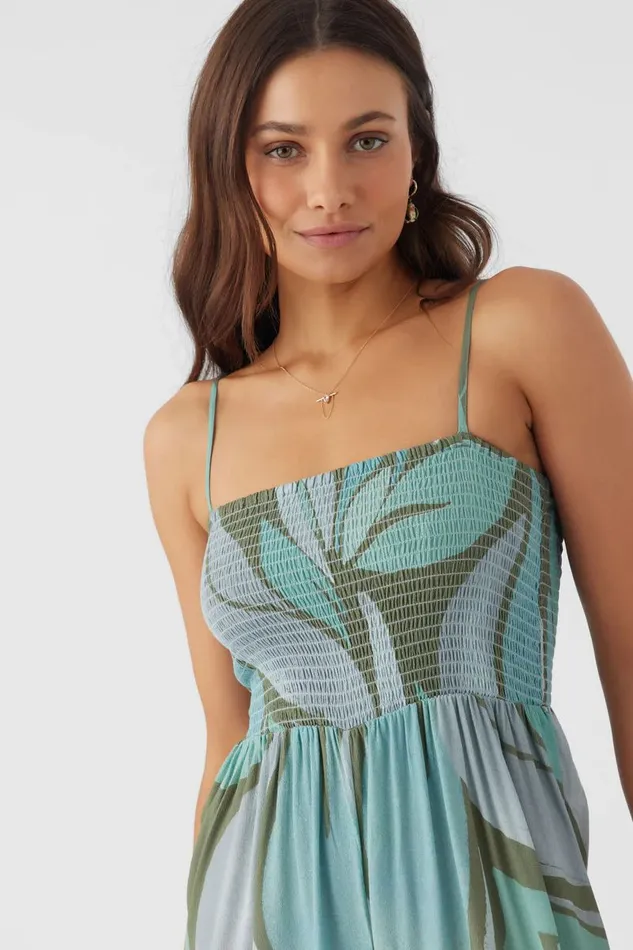 O039NEILL CADE LORETA PRINT SMOCKED JUMPSUIT Oil Green Women Clothing