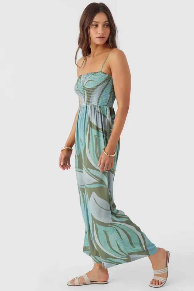 O039NEILL CADE LORETA PRINT SMOCKED JUMPSUIT Oil Green Women Clothing