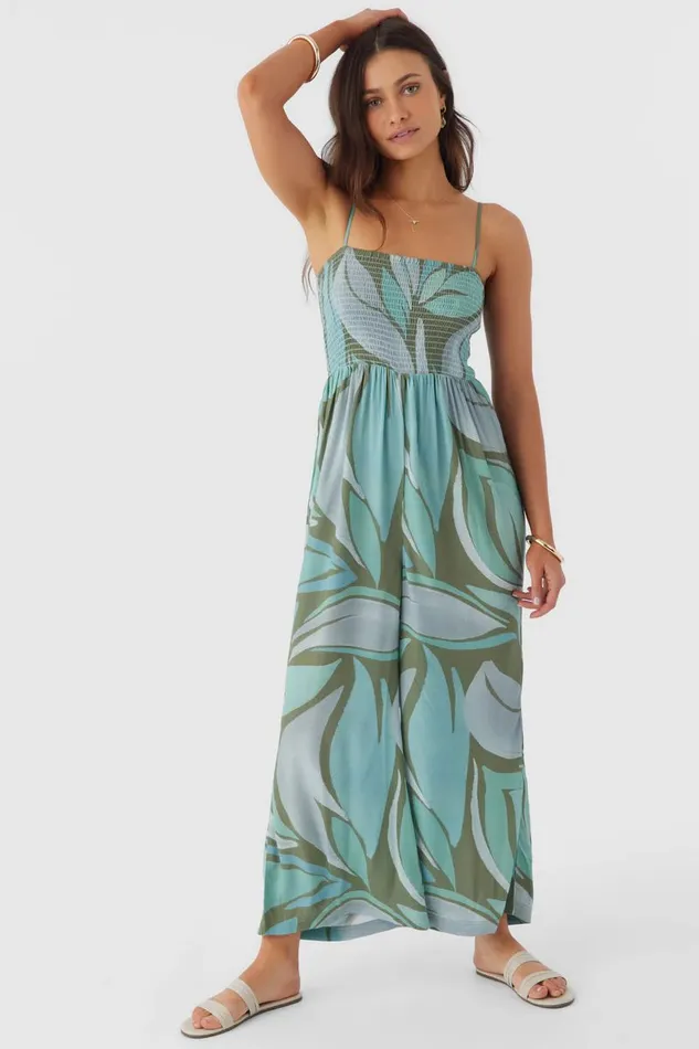 O039NEILL CADE LORETA PRINT SMOCKED JUMPSUIT Oil Green Women Clothing