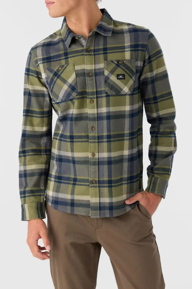 O039NEILL LANDMARKED FLANNEL STANDARD FIT LONG SLEEVE SHIRT Deep Lichen Green Men Clothing