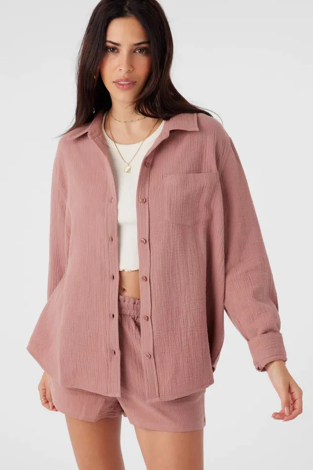 O039NEILL LENI CRINKLE DOUBLE GAUZE BUTTON DOWN SHIRT Burlwood Women Collections