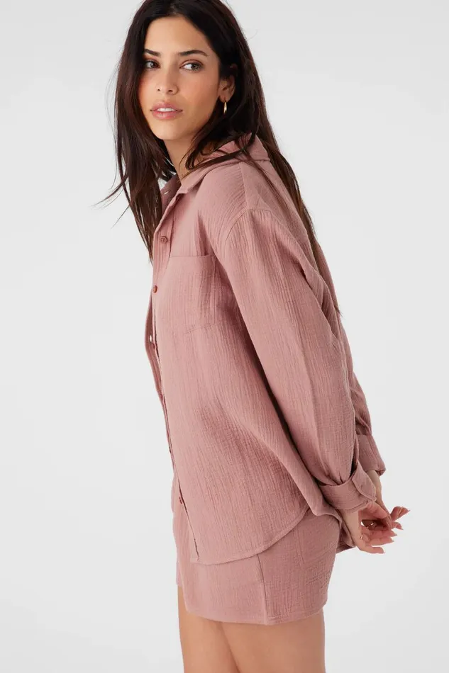 O039NEILL LENI CRINKLE DOUBLE GAUZE BUTTON DOWN SHIRT Burlwood Women Collections