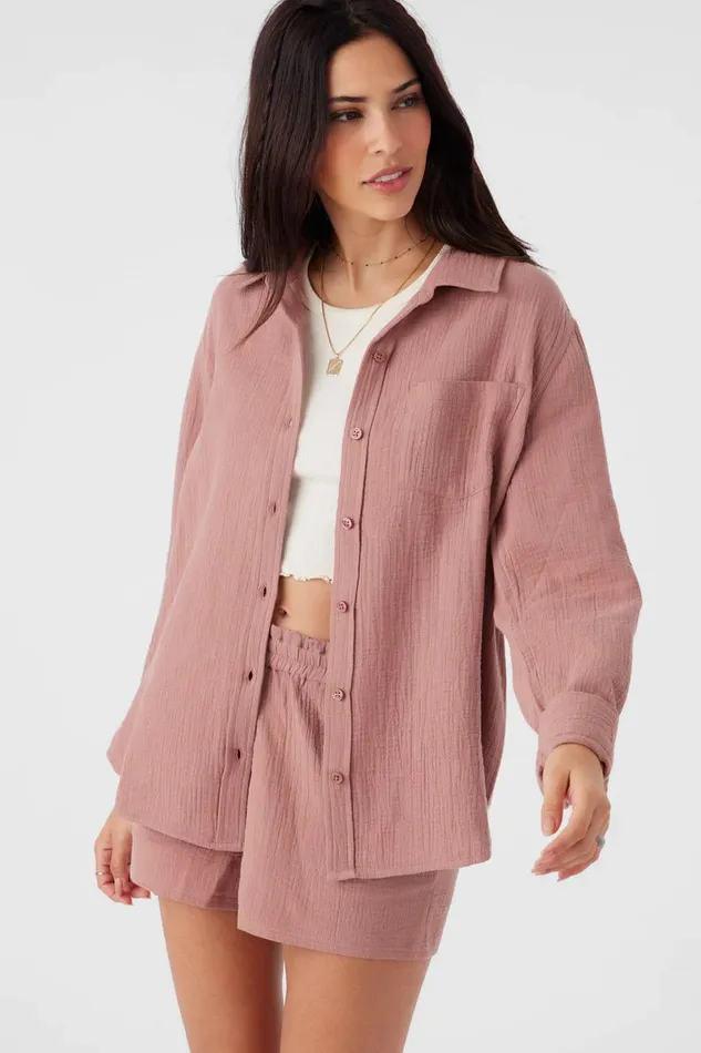 O039NEILL LENI CRINKLE DOUBLE GAUZE BUTTON DOWN SHIRT Burlwood Women Collections