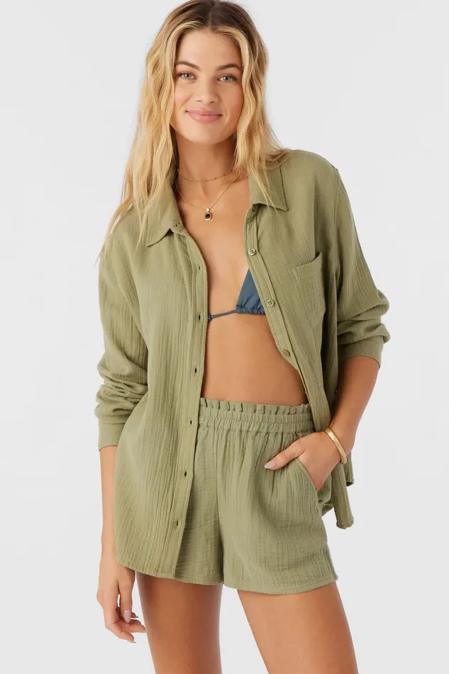 O039NEILL LENI CRINKLE DOUBLE GAUZE BUTTON DOWN SHIRT Oil Green Women Collections