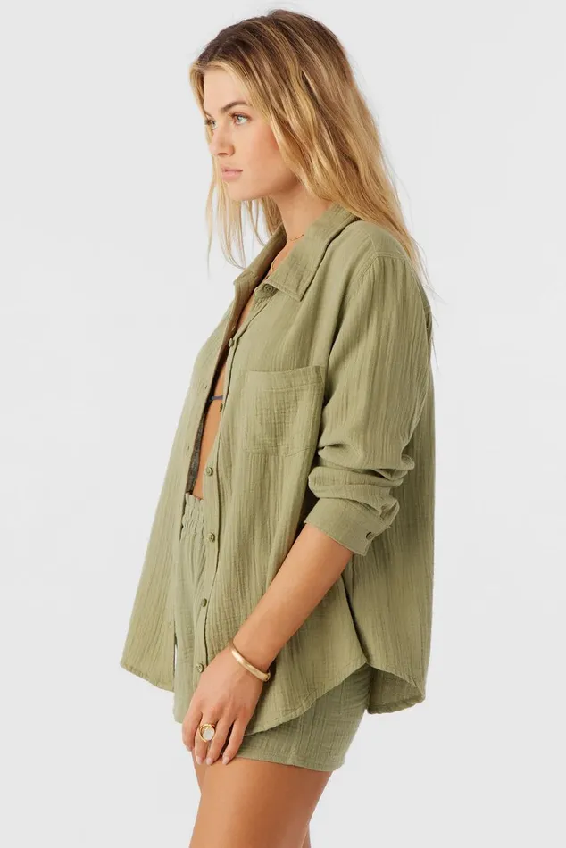 O039NEILL LENI CRINKLE DOUBLE GAUZE BUTTON DOWN SHIRT Oil Green Women Collections