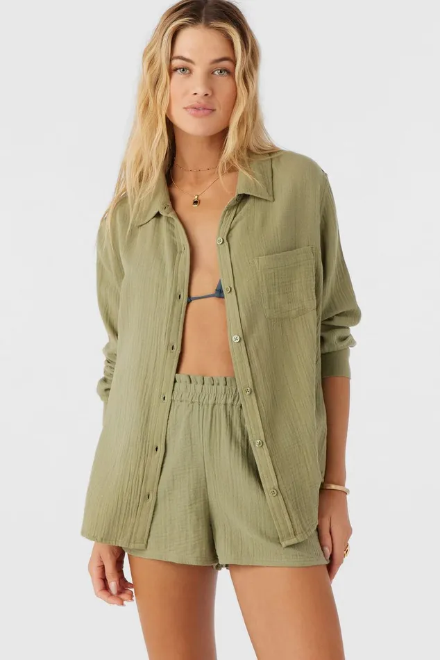 O039NEILL LENI CRINKLE DOUBLE GAUZE BUTTON DOWN SHIRT Oil Green Women Collections