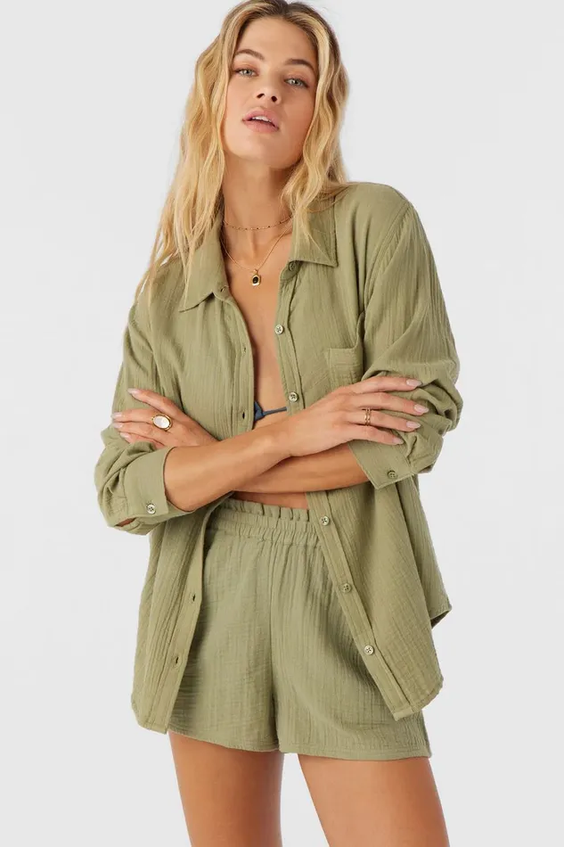 O039NEILL LENI CRINKLE DOUBLE GAUZE BUTTON DOWN SHIRT Oil Green Women Collections