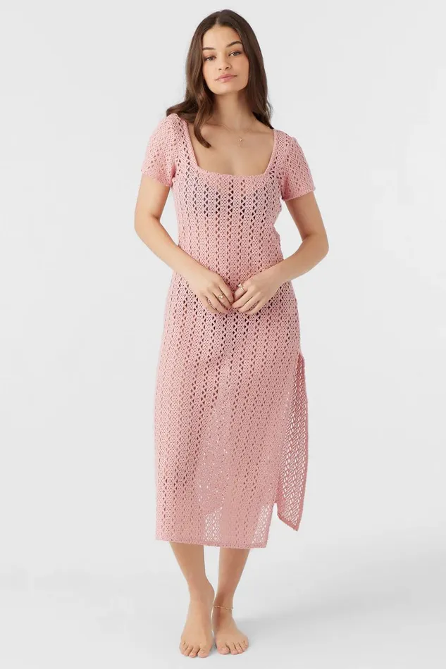 O039NEILL NINA MIDI CROCHET LACE COVERUP DRESS Rose Eleg Women Swim