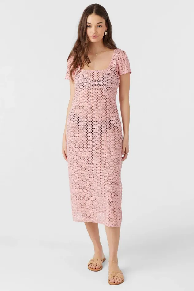 O039NEILL NINA MIDI CROCHET LACE COVERUP DRESS Rose Eleg Women Swim