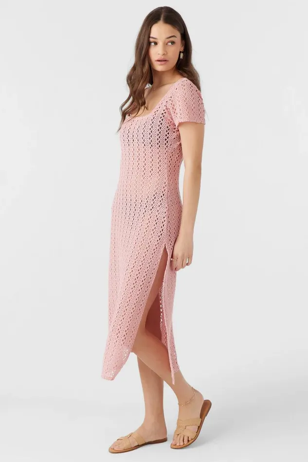 O039NEILL NINA MIDI CROCHET LACE COVERUP DRESS Rose Eleg Women Swim