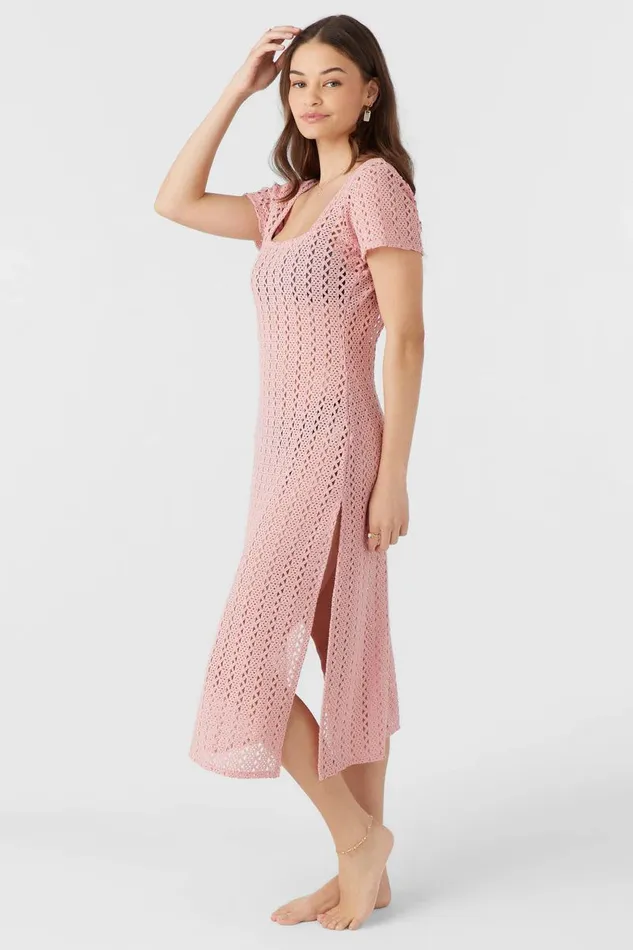 O039NEILL NINA MIDI CROCHET LACE COVERUP DRESS Rose Eleg Women Swim