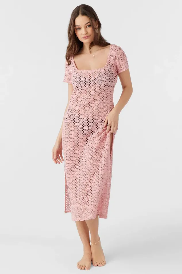 O039NEILL NINA MIDI CROCHET LACE COVERUP DRESS Rose Eleg Women Swim