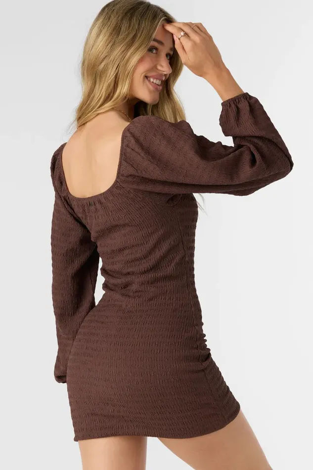 O039NEILL TEGAN SMOCKED KNIT LONG SLEEVE MINI DRESS Chocolate Women Clothing