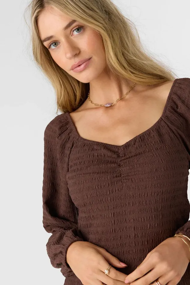 O039NEILL TEGAN SMOCKED KNIT LONG SLEEVE MINI DRESS Chocolate Women Clothing