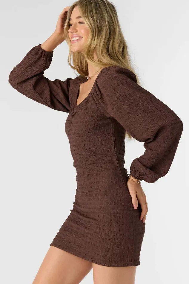 O039NEILL TEGAN SMOCKED KNIT LONG SLEEVE MINI DRESS Chocolate Women Clothing