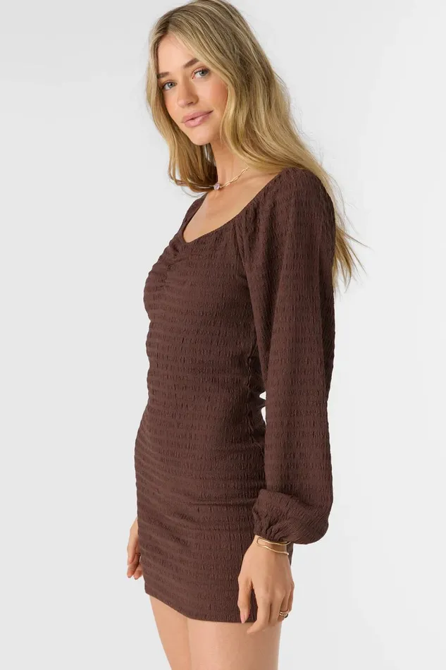 O039NEILL TEGAN SMOCKED KNIT LONG SLEEVE MINI DRESS Chocolate Women Clothing
