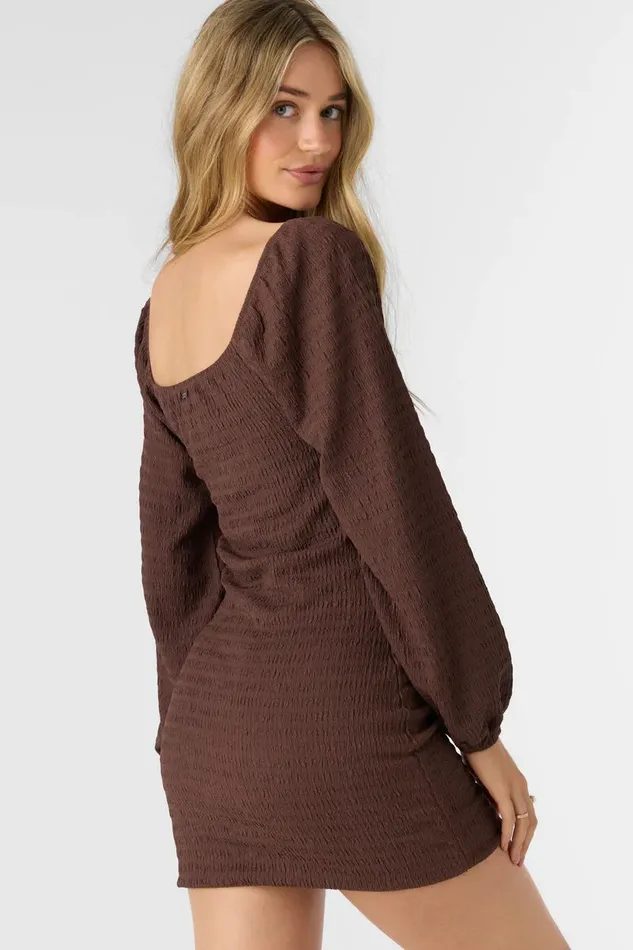 O039NEILL TEGAN SMOCKED KNIT LONG SLEEVE MINI DRESS Chocolate Women Clothing