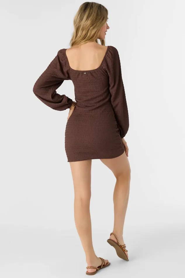 O039NEILL TEGAN SMOCKED KNIT LONG SLEEVE MINI DRESS Chocolate Women Clothing