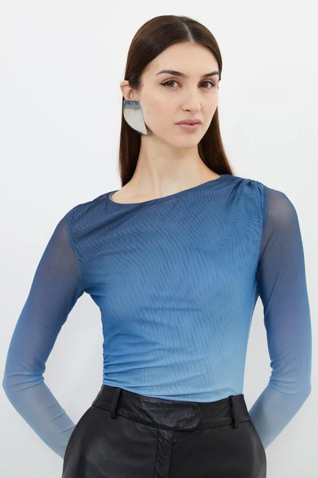 Ombre Printed Mesh Ruched Long Sleeve Bodysuit Blue Women Karen Millen Tops
