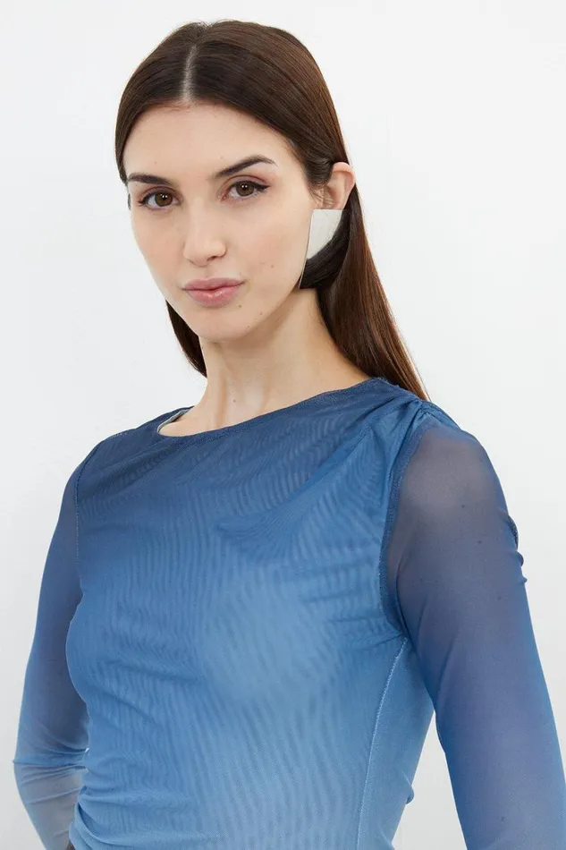 Ombre Printed Mesh Ruched Long Sleeve Bodysuit Blue Women Karen Millen Tops
