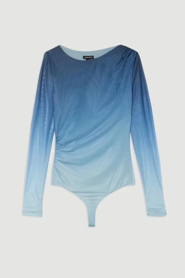 Ombre Printed Mesh Ruched Long Sleeve Bodysuit Blue Women Karen Millen Tops