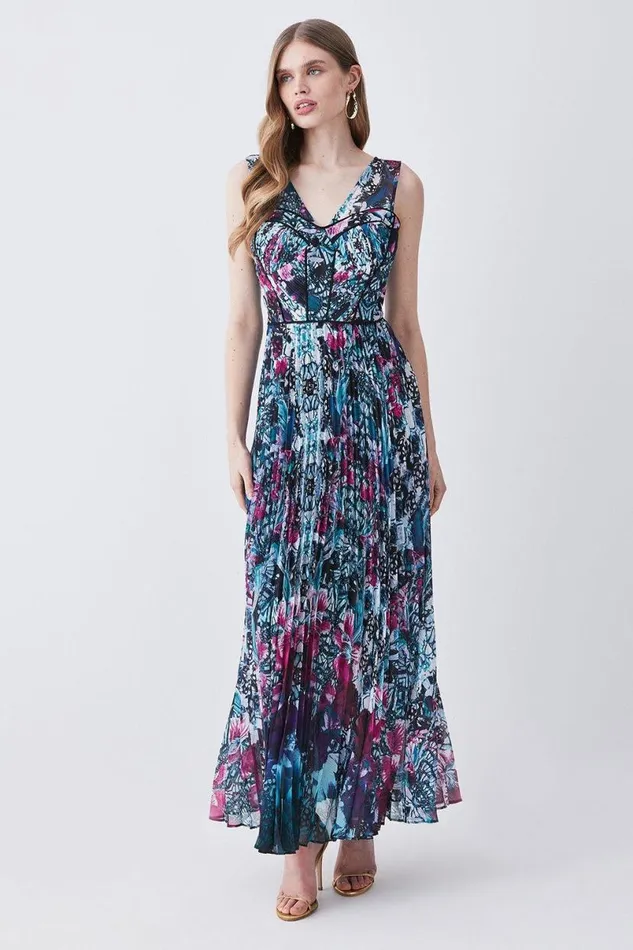 Ombre Tile Pleat Corset Detail Woven Maxi Dress Purple Women Karen Millen Tops