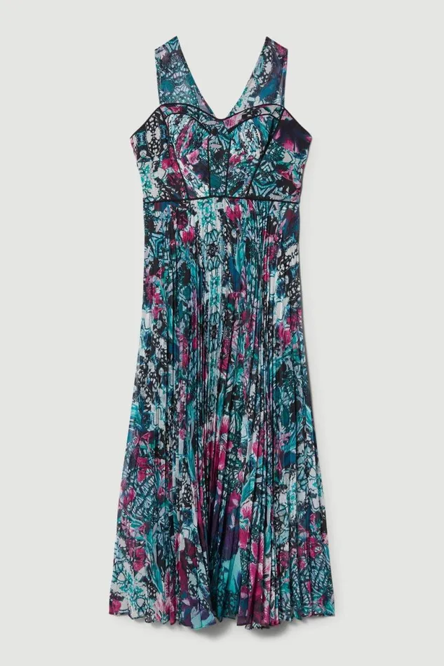 Ombre Tile Pleat Corset Detail Woven Maxi Dress Purple Women Karen Millen Tops