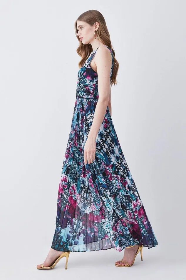Ombre Tile Pleat Corset Detail Woven Maxi Dress Purple Women Karen Millen Tops