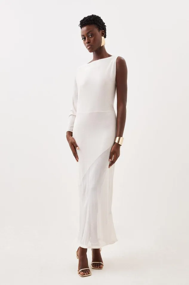 One Sleeve Slinky Sheer Knit Midaxi Dress Cream Women Karen Millen Dresses