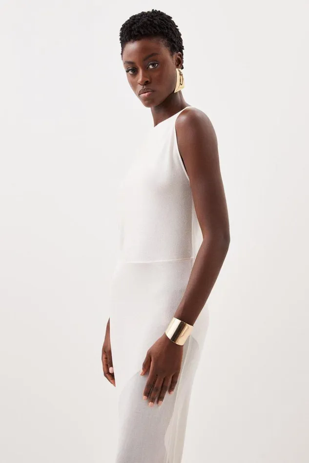 One Sleeve Slinky Sheer Knit Midaxi Dress Cream Women Karen Millen Dresses