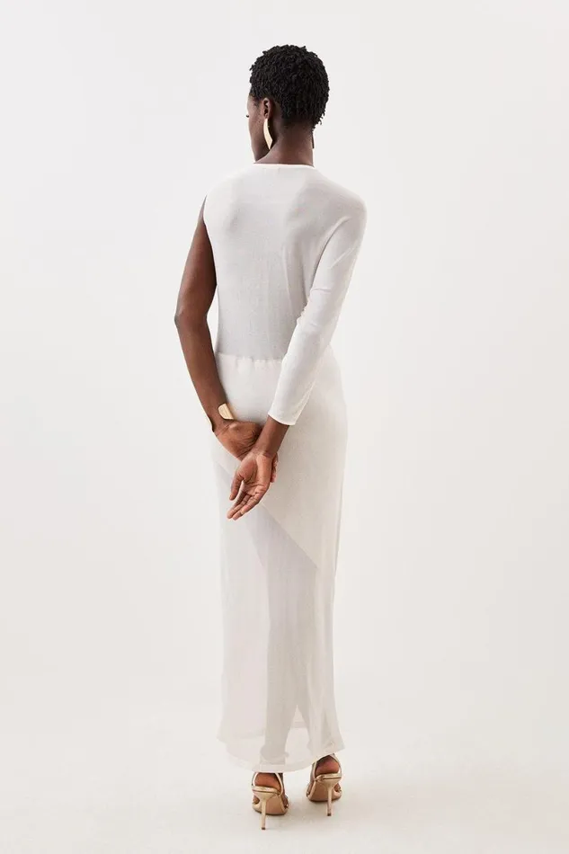 One Sleeve Slinky Sheer Knit Midaxi Dress Cream Women Karen Millen Dresses