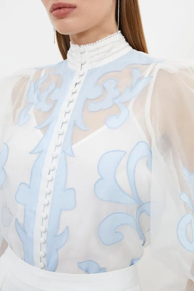 Organdie Applique Buttoned Woven Blouse Baby Blue Women Karen Millen Tops