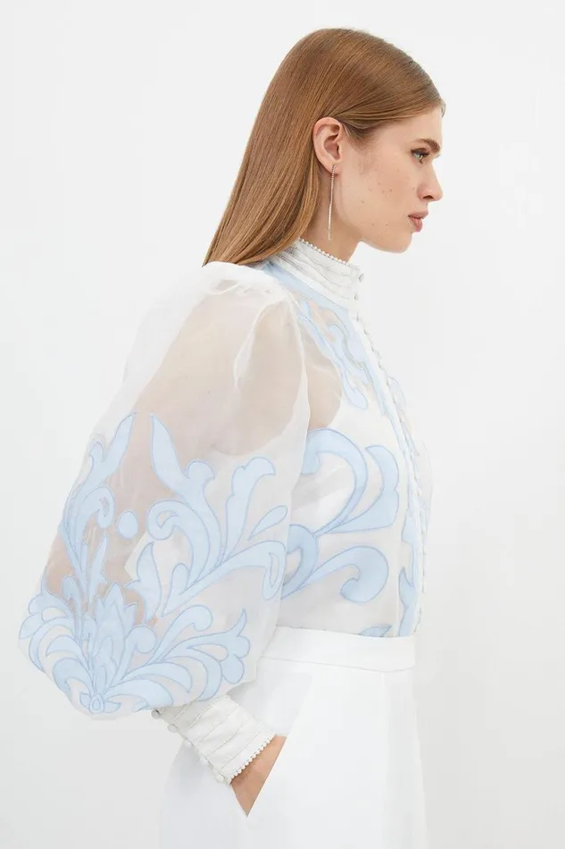 Organdie Applique Buttoned Woven Blouse Baby Blue Women Karen Millen Tops