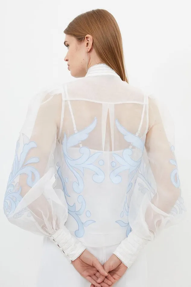 Organdie Applique Buttoned Woven Blouse Baby Blue Women Karen Millen Tops