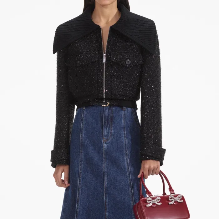 Outerwear Women Self Portrait Black Tinsel Boucle Bomber Jacket
